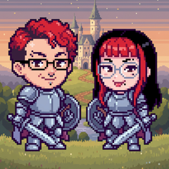 Casal de cavaleiros diante de um castelo